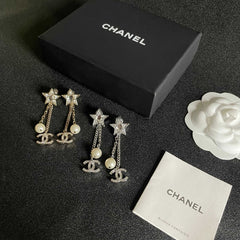 DOUBLE C STUD EARRINGS WITH STAR STONE DOUBLE CHAINS ONE WITH LOGO AND ONE WITH PEARL