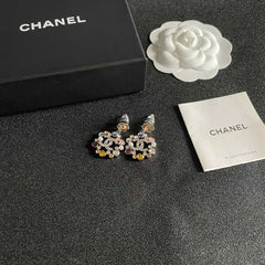 DOUBLE C STUD EARRINGS IN SILVER METAL WHITE PEARL MULTICOLOR STONES