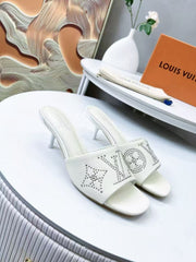 HIGH MULE IN WHITE LAMBSKIN WITH RHINSTONES 55 MM