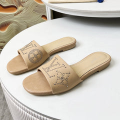 FLAT SLIDE IN BISQUE BEIGE LAMBSKIN WITH RHINSTONES