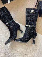 KNEE HIGH BOOTS IN BLACK CALFSKIN AND SEQUINS