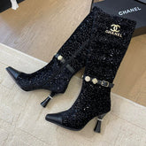 KNEE HIGH BOOTS IN BLACK CALFSKIN AND SEQUINS