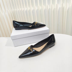 DIOR POINTED BALLET FLATS 25S IN BLACK GLOSSY LEATHER WITH GOLD HARDWARE