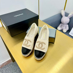 CC ESPADRILLES PLATFORM 25S IN CREAM WHITE KNITTED WOOL AND BLACK LAMBSKIN