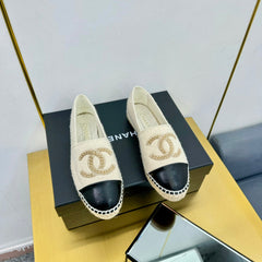 CC ESPADRILLES PLATFORM 25S IN CREAM WHITE KNITTED WOOL AND BLACK LAMBSKIN