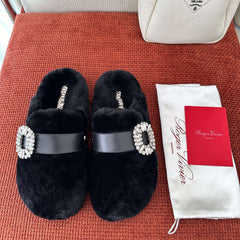 SLIDY VIV' MULES IN BLACK WOOL WITH STRASS BUCKLE