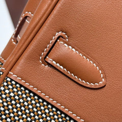 QUADRILLE BIRKIN 30CM IN GOLD SWIFT CALFSKIN AND BLACK/WHITE/BROWN TOILE CANVAS