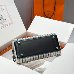 BIRKIN SHOULDER 29 IN BLACK CALFSKIN ÉCRU/NOIR/FAUVE/NOIR/BLEU ZANZIBAR EMBROIDERY PLAID CANVAS