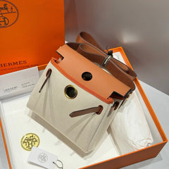 HERMES 25S MINI HERBAG 20 IN BEIGE AND BROWN CANVAS GOLD HARDWARE