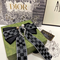 RIBBON BOW HAIR CLIP IN BLACK RE-NYLON ATTACHED PEARL 358260