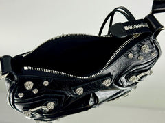 LE CAGOLE SMALL SHOULDER BAG 26 WITH RHINESTONES IN BLACK ARENA LAMBSKIN SILVER HARDWARE