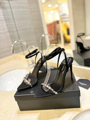 SL RHINESTONE HEELED SANDALS BLACK SATIN
