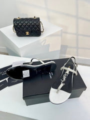 SL Cassandra Croc-Embossed Thong Sandals Black White Leather