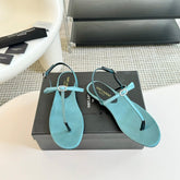SL CRYSTAL T-STRAP FLAT SANDAL SAPPHIRE SATIN