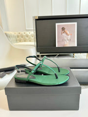 SL Silk Bow T-Strap Flat Sandals Green Leather