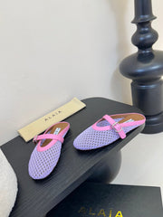 ALAIA FLAT MULES 25S IN PURPLE MIX PINK WOVEN MESH