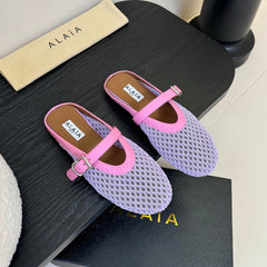 ALAIA FLAT MULES 25S IN PURPLE MIX PINK WOVEN MESH