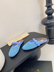 ALAIA FLAT MULES 25S IN BLUE MIX PURPLE WOVEN MESH