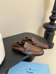 PRADA 25S SHUFFLE LOAFERS IN EARTH BROWN CALFSKIN