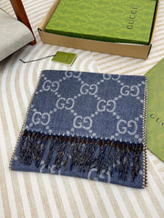 GG JACQUARD WOOL SCARF DENIM BLUE MIX COFFEE BROWN 398286