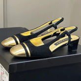 SLINGBACKS IN BLACK SUEDE AND GOLDEN LAMBSKIN