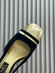 SLINGBACKS IN BLACK SUEDE AND GOLDEN LAMBSKIN