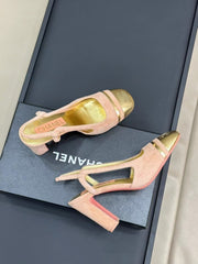 HIGH SLINGBACKS IN LIGHT PINK SUEDE AND GOLDEN LAMBSKIN