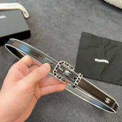 BELT 20MM IN BLACK CALFSKIN WITH INTERWOVEN CHAIN BUCKLE ZIPPER IN TRIM