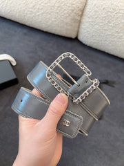 BELT 40MM IN GRAY CALFSKIN WITH INTERWOVEN CHAIN BUCKLE ZIPPER IN TRIM SILVER HARDWARE
