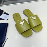 PRA SAFFIANO PATENT SLIDES OSTRICH MOTIF PEAR CALFSKIN
