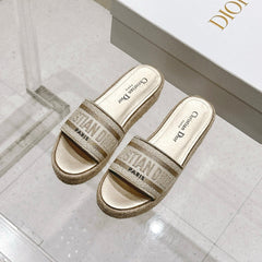 DWAY WEDGE SLIDES 45MM IN WARM GREIGE FABRIC RAFFIA SOLE