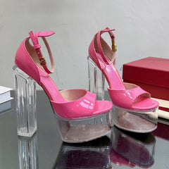 HIGH SANDAL 14CM IN BRIGHT PINK CALFSKIN AND TRANSPARENT PVC