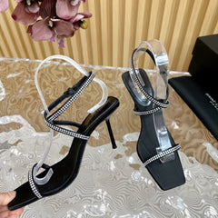 NUIT SANDALS 85 IN BLACK CREPE SATIN AND WHITE RHINESTONES