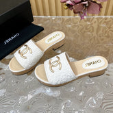 PLATFORM SLIPPERS IN WHITE TWEED AND LAMBSKIN