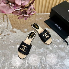 PLATFORM SLIPPERS IN BLACK TWEED AND LAMBSKIN