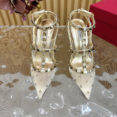 ROCKSTUD MIRROR-EFFECT PUMP WITH MATCHING STRAPS AND STUDS 95 MM GOLD CALFSKIN AND MESH