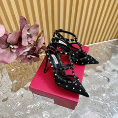 ROCKSTUD MIRROR-EFFECT PUMP WITH MATCHING STRAPS AND STUDS 95 MM BLACK CALFSKIN AND MESH