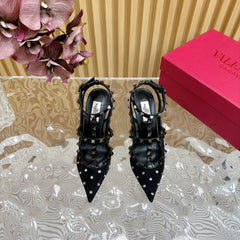 ROCKSTUD MIRROR-EFFECT PUMP WITH MATCHING STRAPS AND STUDS 95 MM BLACK CALFSKIN AND MESH