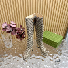 PLATFORM KNEE BOOTS IN ECRU BEIGE MONOGRAM CANVAS AND SHEEPSKIN LINING