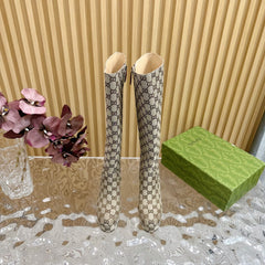 PLATFORM KNEE BOOTS IN ECRU BEIGE MONOGRAM CANVAS AND SHEEPSKIN LINING