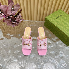 HORSEBIT SLIDE SANDAL IN PINK MONOGRAM CANVAS AND SHEEPSKIN LINING
