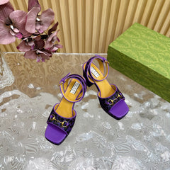 HORSEBIT HIGH-HEEL SANDAL WITH LEOPARD PRINT IN PURPLE VELVET AND CALFSKIN LINING