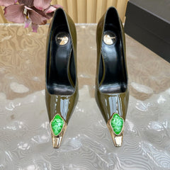 GREEN GEM-STUDDED HIGH PUMPS IN ARMY GREEN PATENT CALFSKIN