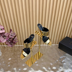 BALMAIN 25S MULES IN STRIPED LEATHER 95MM IN GOLD CALFSKIN