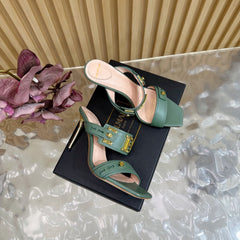 BALMAIN 25S MULES IN STRIPED LEATHER 95MM IN DUSTY GREEN CALFSKIN GOLD HARDWARE