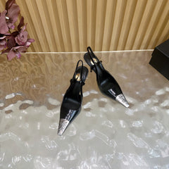 YSL 25S HIGH-HEEL SLINGBACKS 105 MM IN BLACK SHINY LAMBSKIN AND SILVER HARDWARE