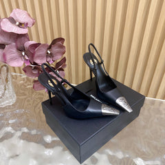 YSL 25S HIGH-HEEL SLINGBACKS 85 MM IN BLACK LAMBSKIN AND SILVER HARDWARE