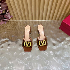 VALENTINO 25S HIGH-HEEL MULES 60 MM IN BROWN VELVET AND CALFSKIN WITH GOLD HARDWARE