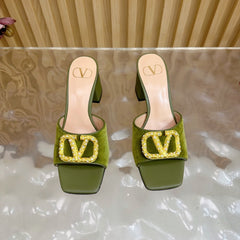 VALENTINO 25S HIGH-HEEL MULES 60 MM IN MOSS GREEN VELVET AND CALFSKIN WITH GOLD HARDWARE