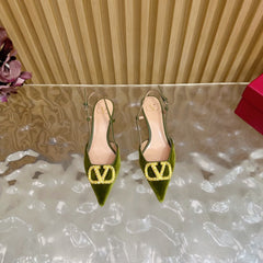 VALENTINO 25S HIGH-HEEL SLINGBACKS IN MOSS GREEN VELVET WITH GOLD HARDWARE